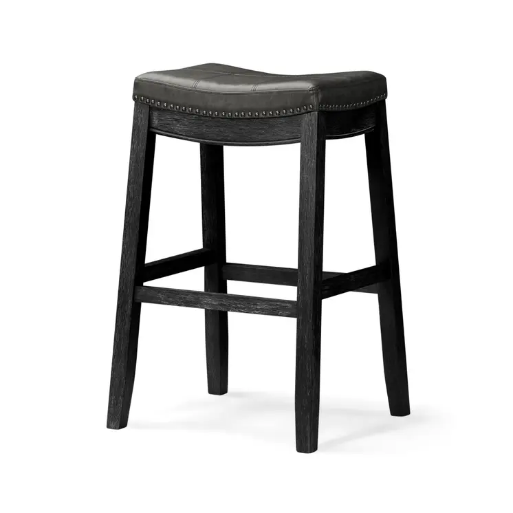 31" Charcoal and Black Faux Leather and Solid Wood Backless Bar Height Bar Chair