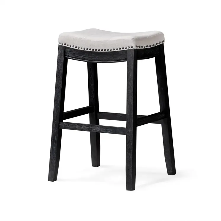 31" White and Black Fabric and Solid Wood Backless Bar Height Bar Chair