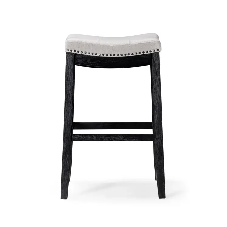 31" White and Black Fabric and Solid Wood Backless Bar Height Bar Chair
