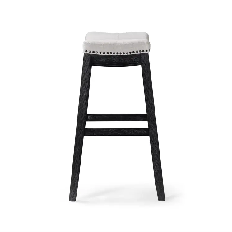 31" White and Black Fabric and Solid Wood Backless Bar Height Bar Chair
