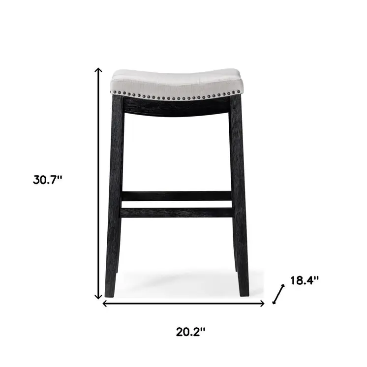 31" White and Black Fabric and Solid Wood Backless Bar Height Bar Chair