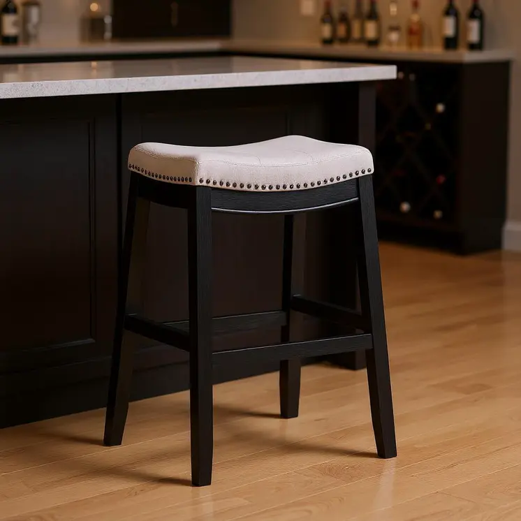 31" White and Black Fabric and Solid Wood Backless Bar Height Bar Chair