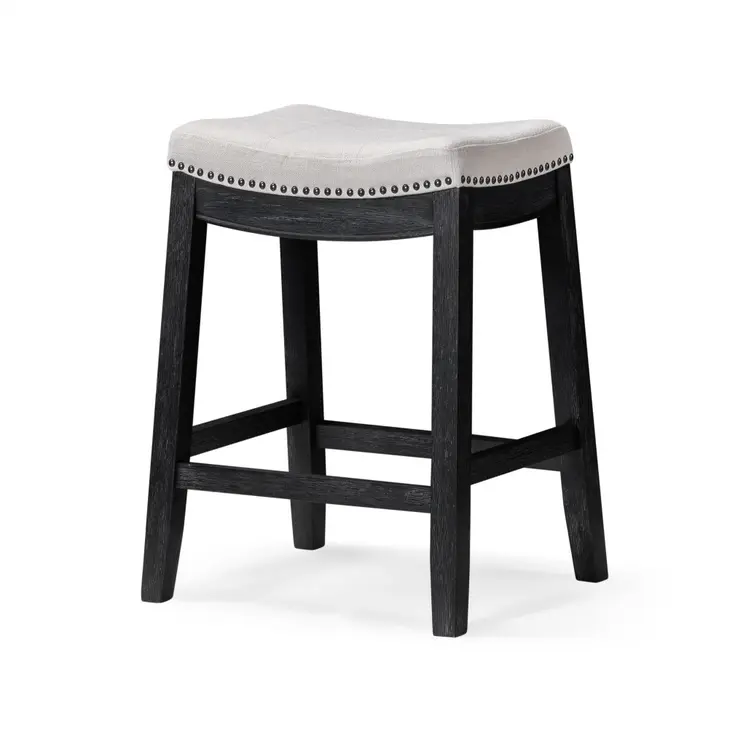 26" White and Black Fabric and Solid Wood Backless Counter Height Bar Chair
