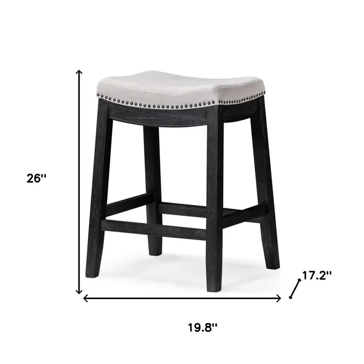 26" White and Black Fabric and Solid Wood Backless Counter Height Bar Chair