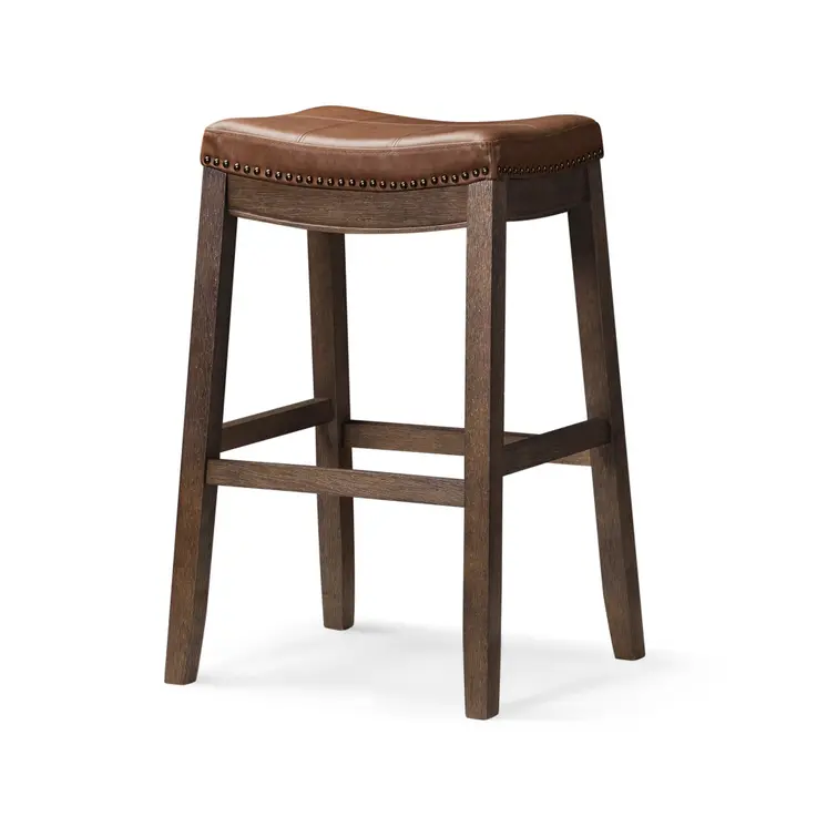 31" Brown Faux Leather and Solid Wood Backless Bar Height Bar Chair