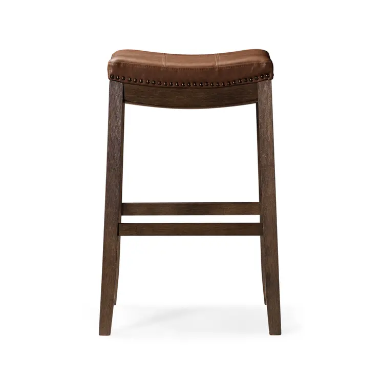 31" Brown Faux Leather and Solid Wood Backless Bar Height Bar Chair