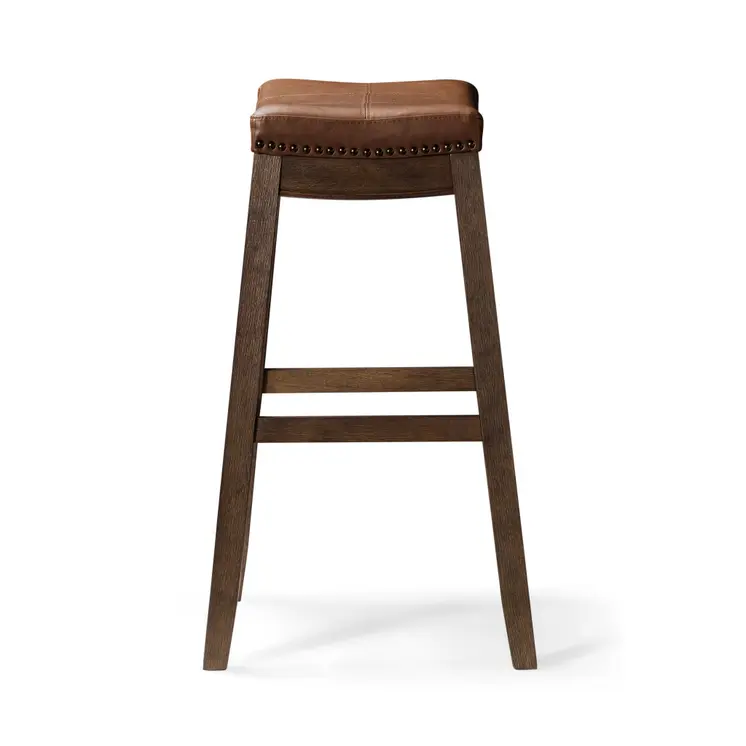 31" Brown Faux Leather and Solid Wood Backless Bar Height Bar Chair