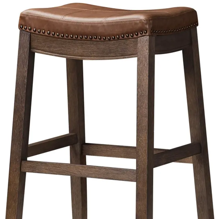 31" Brown Faux Leather and Solid Wood Backless Bar Height Bar Chair
