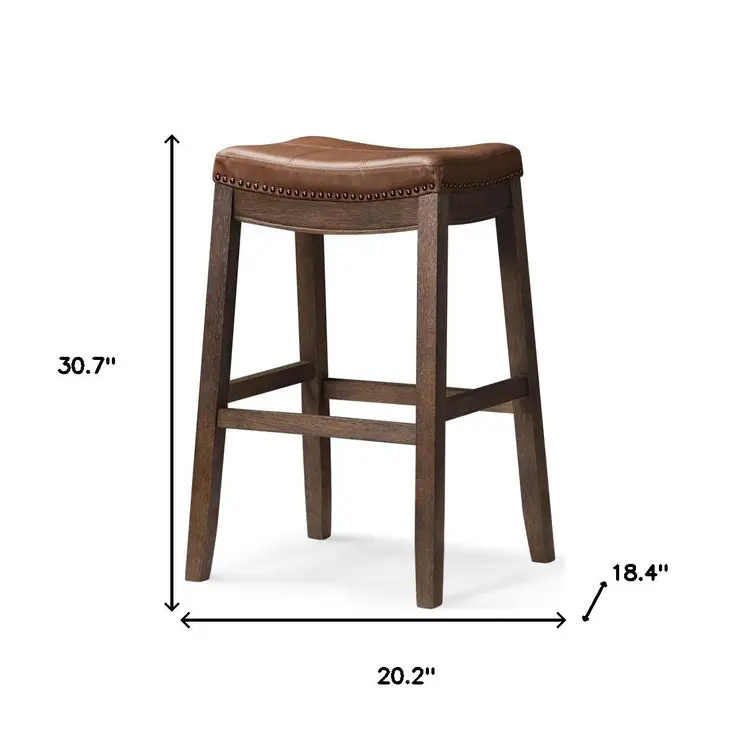 31" Brown Faux Leather and Solid Wood Backless Bar Height Bar Chair