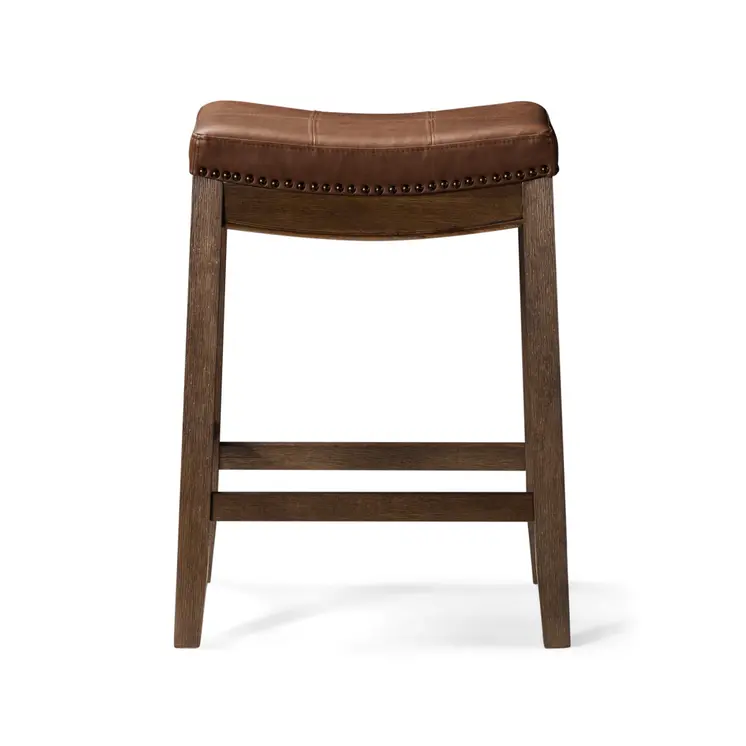 26" Brown Faux Leather and Solid Wood Backless Counter Height Bar Chair