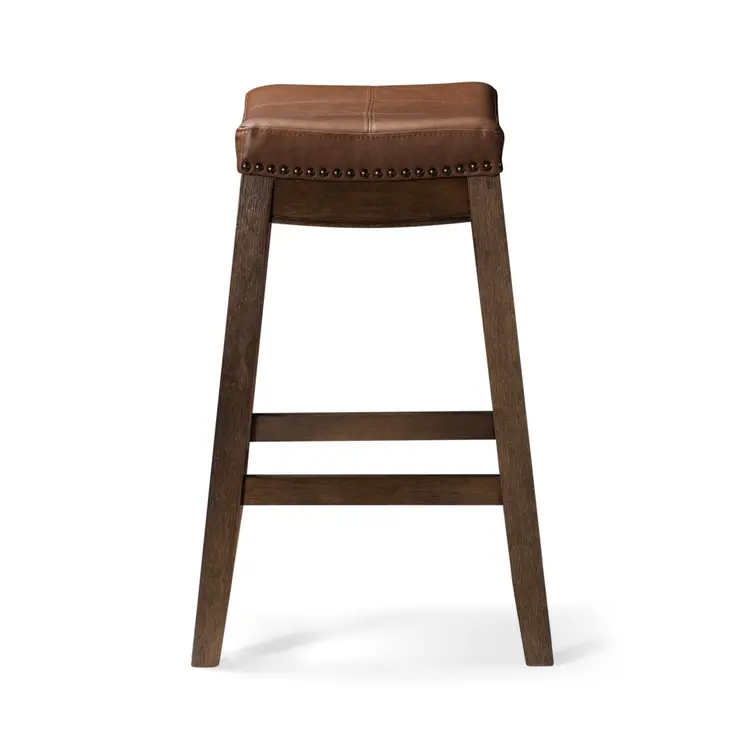 26" Brown Faux Leather and Solid Wood Backless Counter Height Bar Chair