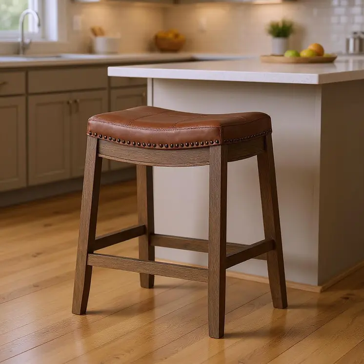 26" Brown Faux Leather and Solid Wood Backless Counter Height Bar Chair