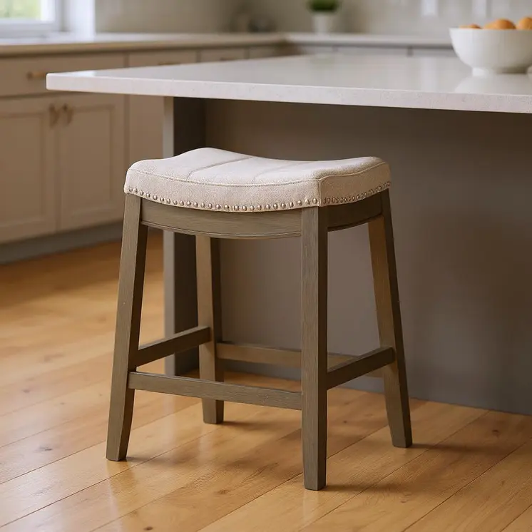 26" Gray and Cool Gray Fabric and Solid Wood Backless Counter Height Bar Chair