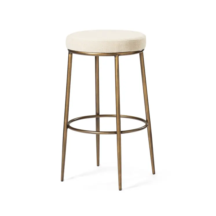 31" Ivory and Antiqued Brass Fabric and Metal Backless Bar Height Bar Chair