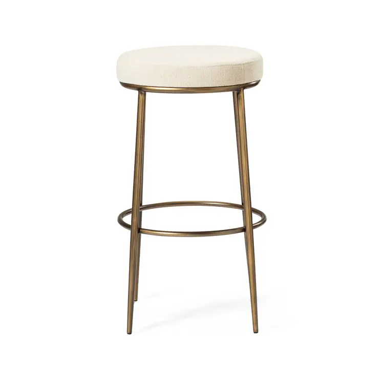 31" Ivory and Antiqued Brass Fabric and Metal Backless Bar Height Bar Chair