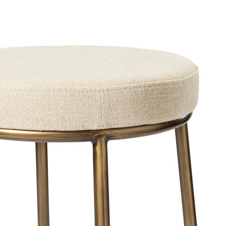 31" Ivory and Antiqued Brass Fabric and Metal Backless Bar Height Bar Chair