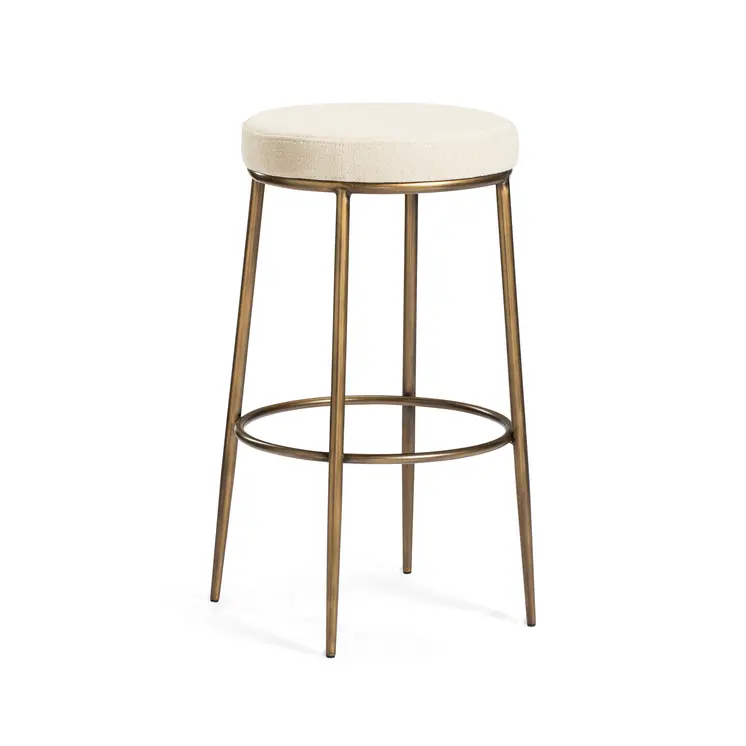 31" Ivory and Antiqued Brass Fabric and Metal Backless Bar Height Bar Chair