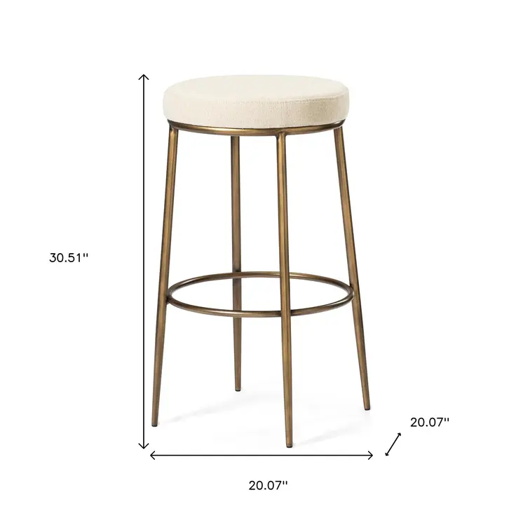 31" Ivory and Antiqued Brass Fabric and Metal Backless Bar Height Bar Chair