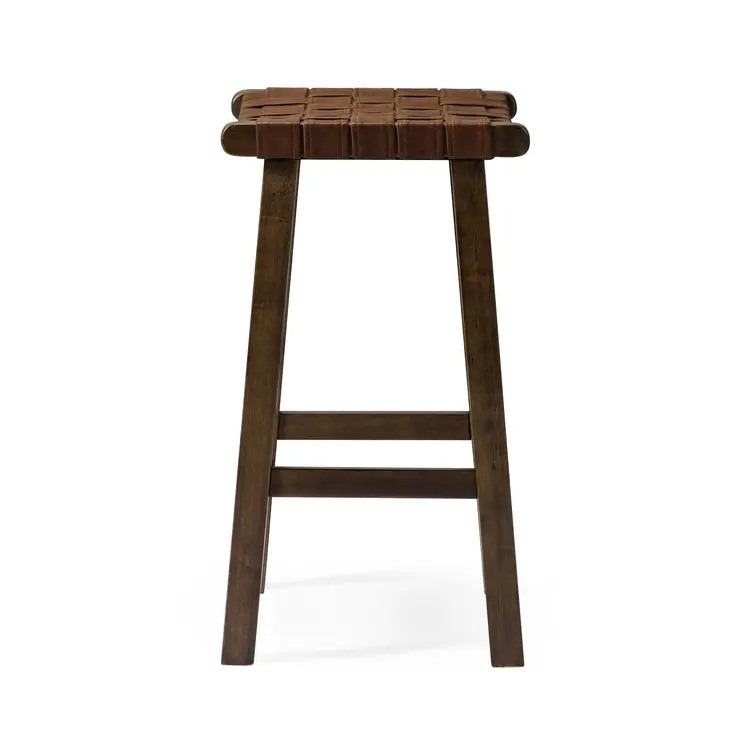 26" Brown Faux Leather and Solid Wood Backless Counter Height Bar Chair