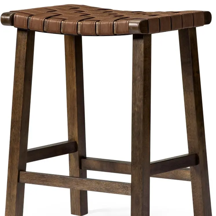26" Brown Faux Leather and Solid Wood Backless Counter Height Bar Chair