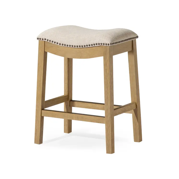 26" Beige and Natural Fabric and Solid Wood Backless Counter Height Bar Chair