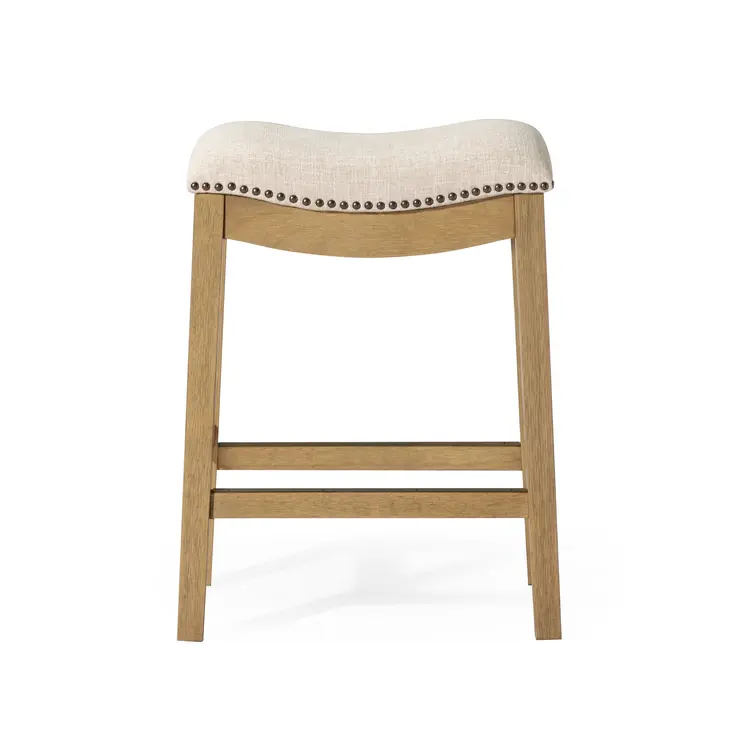 26" Beige and Natural Fabric and Solid Wood Backless Counter Height Bar Chair