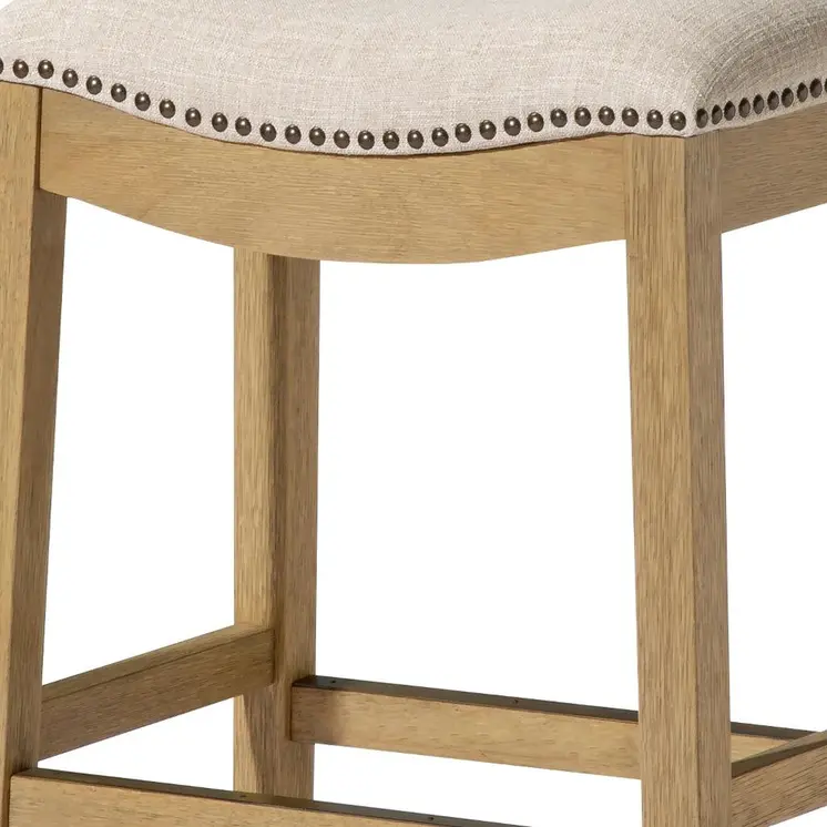 26" Beige and Natural Fabric and Solid Wood Backless Counter Height Bar Chair