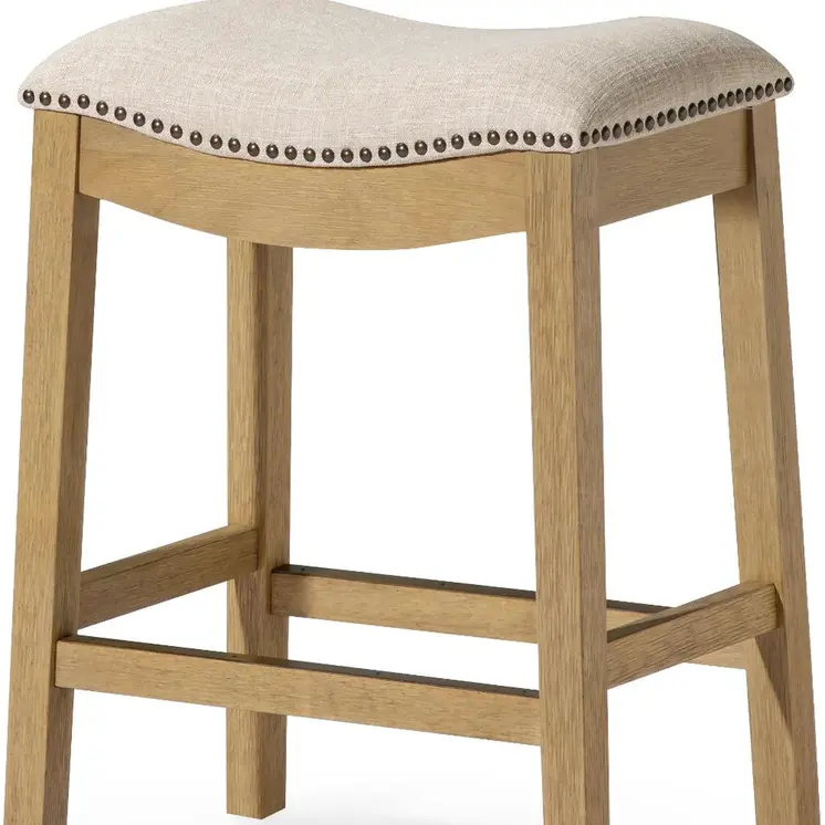 26" Beige and Natural Fabric and Solid Wood Backless Counter Height Bar Chair