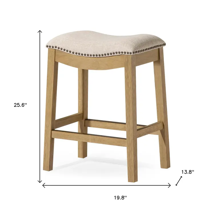 26" Beige and Natural Fabric and Solid Wood Backless Counter Height Bar Chair