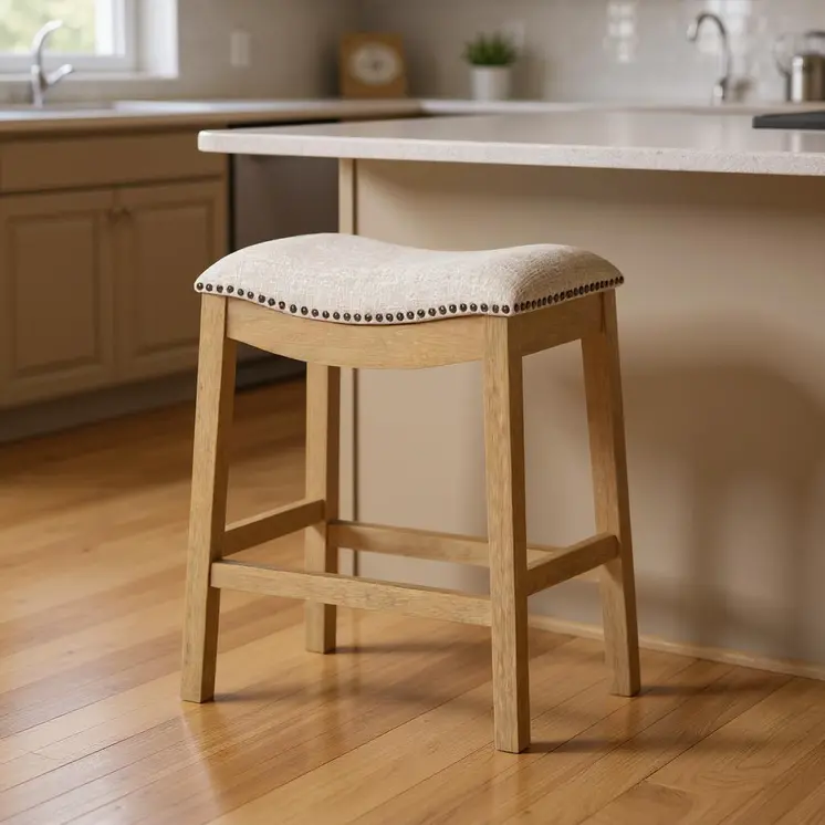 26" Beige and Natural Fabric and Solid Wood Backless Counter Height Bar Chair
