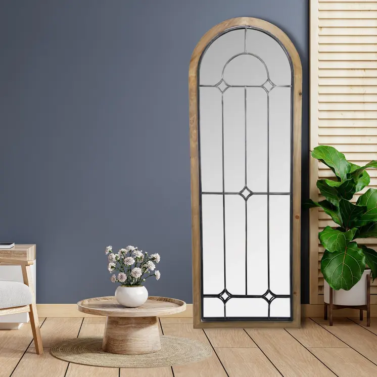 62" Brown Rustic Wood And Metal Arch Freestanding and Wall Mount Full Length Mirror