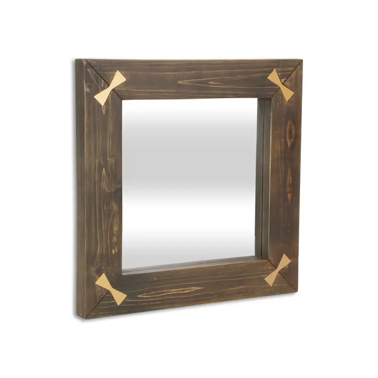 22" Brown Wood With Gold Bows Square Accent Mirror