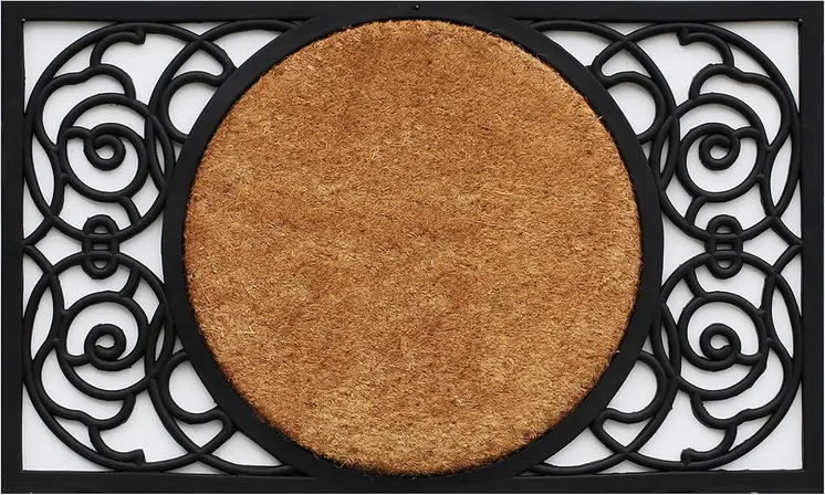 22" X 36" Black And Natural Geo Scrollwork Outdoor Rubber And Coir Door Mat
