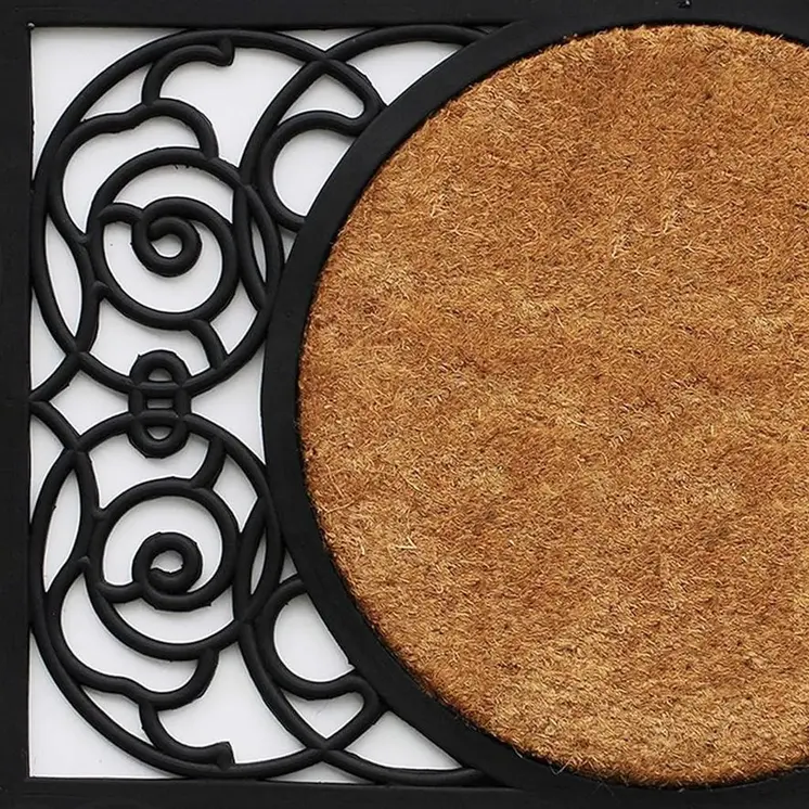 22" X 36" Black And Natural Geo Scrollwork Outdoor Rubber And Coir Door Mat