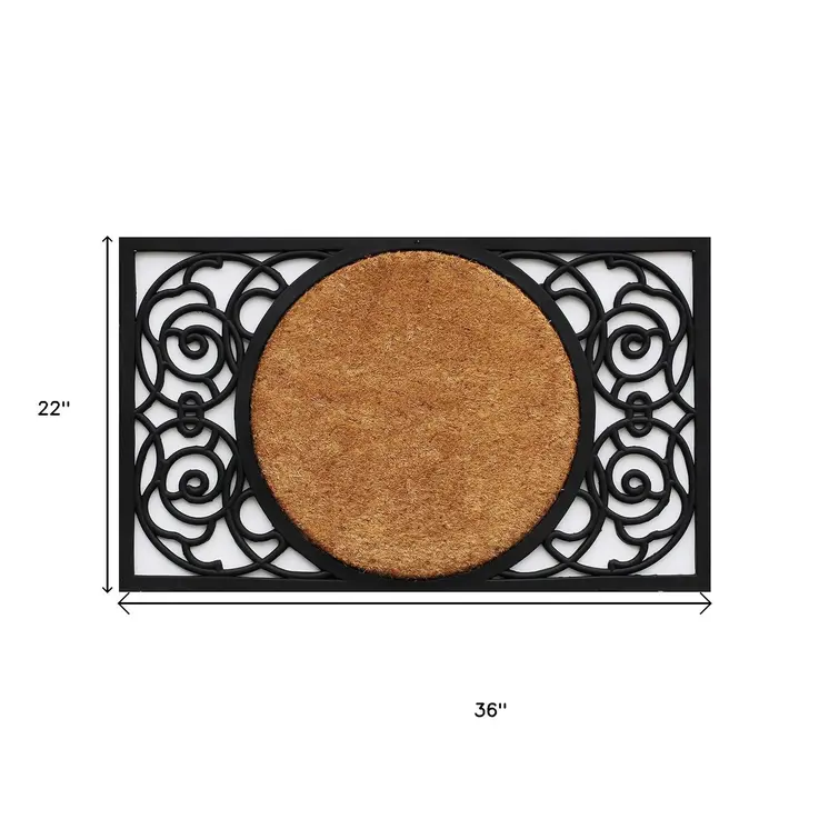 22" X 36" Black And Natural Geo Scrollwork Outdoor Rubber And Coir Door Mat