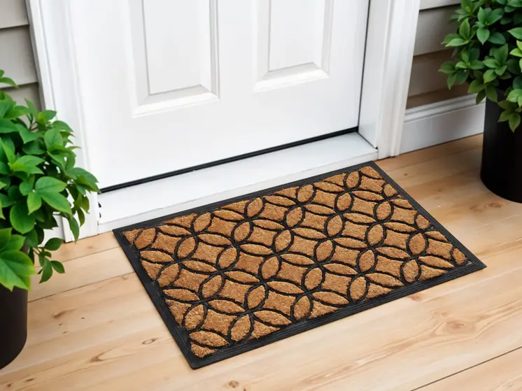 24" X 36" Black And Natural Geometric Outdoor Coir And Rubber Door Mat