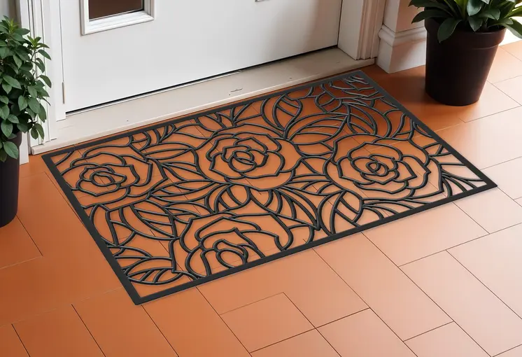 24" X 36" Black Floral Outdoor Rubber Door Mat