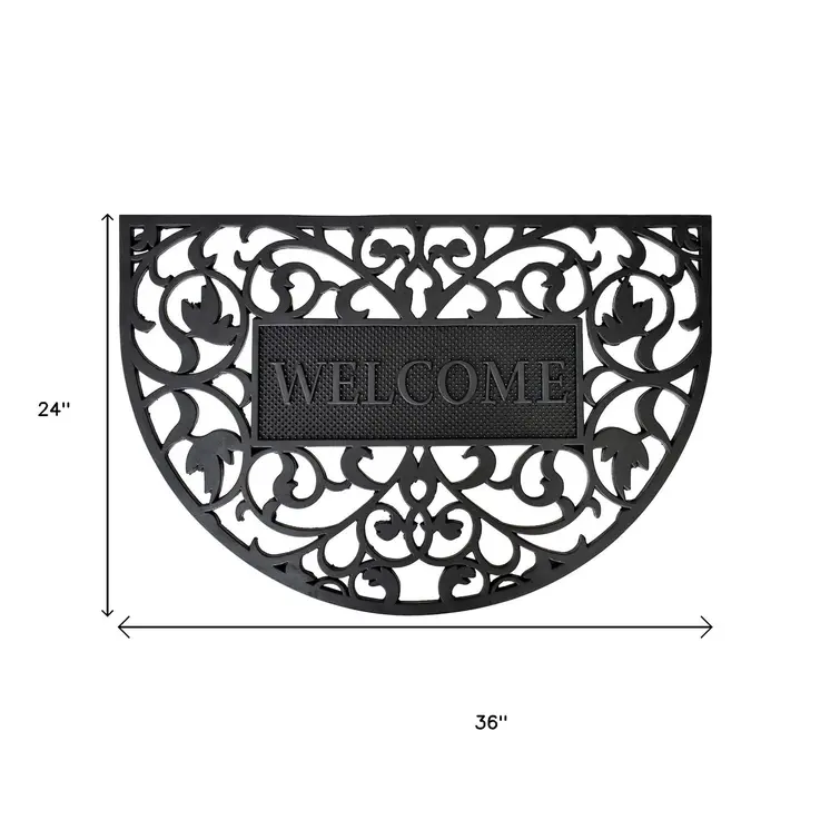 24" X 36" Black Scrollwork Welcome Semi Circle Outdoor Rubber Door Mat