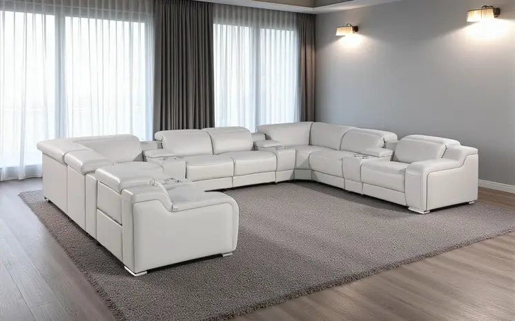 Light Gray Italian Leather Power Reclining U Shaped Twelve Piece Corner Sectional With Console