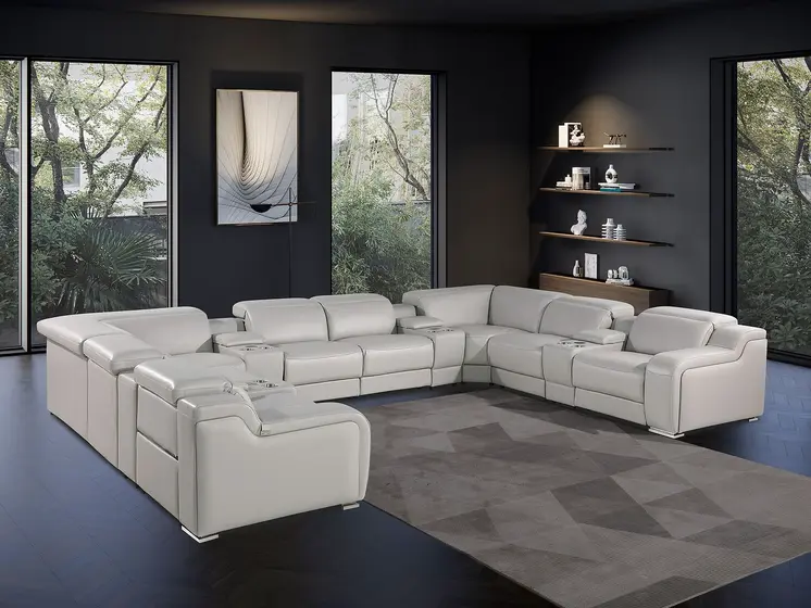 Light Gray Italian Leather Power Reclining U Shaped Twelve Piece Corner Sectional With Console