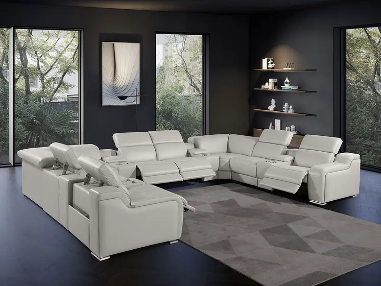 Light Gray Italian Leather Power Reclining U Shaped Twelve Piece Corner Sectional With Console