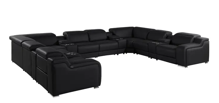 Black Italian Leather Power Reclining U Shaped Twelve Piece Corner Sectional With Console