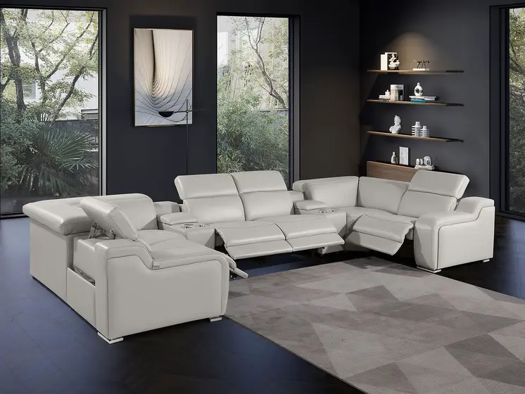 Light Gray Italian Leather Power Reclining U Shaped Eight Piece Corner Sectional With Console
