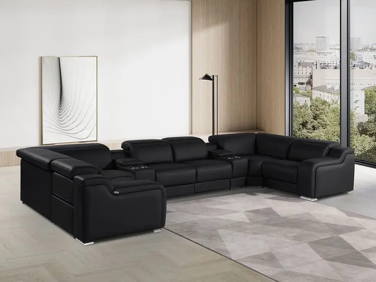 Black Italian Leather Power Reclining U Shaped Eight Piece Corner Sectional With Console