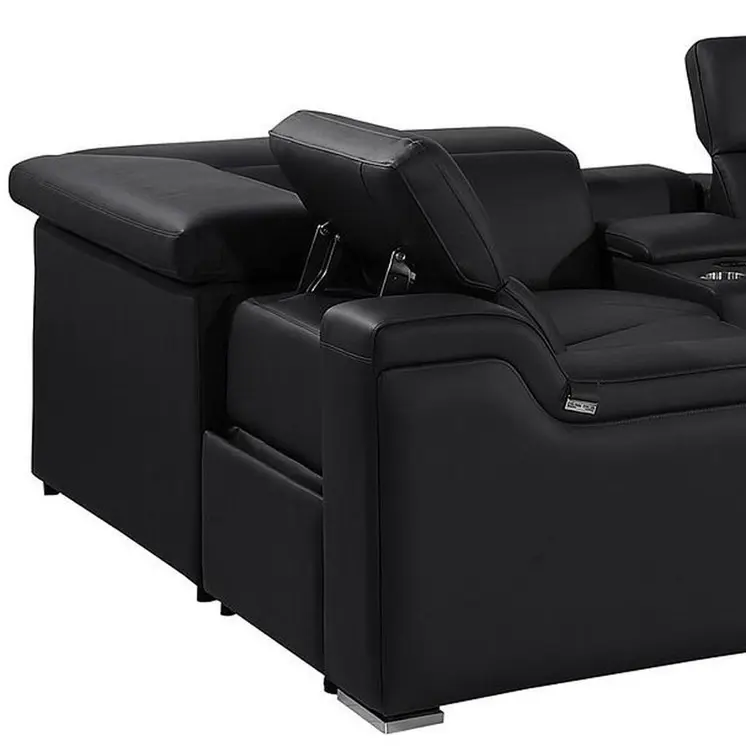 Black Italian Leather Power Reclining U Shaped Eight Piece Corner Sectional With Console