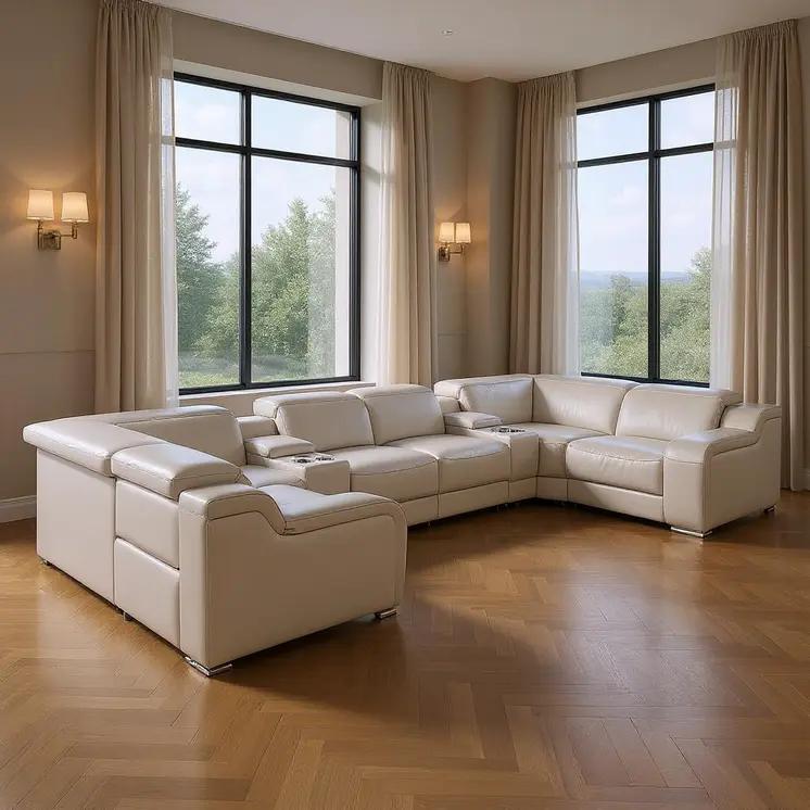 Light Gray Italian Leather Power Reclining U Shaped Eight Piece Corner Sectional With Console