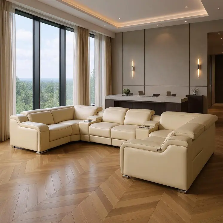 Beige Italian Leather Power Reclining U Shaped Eight Piece Corner Sectional With Console
