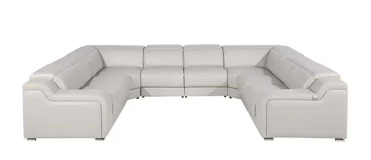 Light Gray Italian Leather Power Reclining U Shaped Eight Piece Corner Sectional With Console