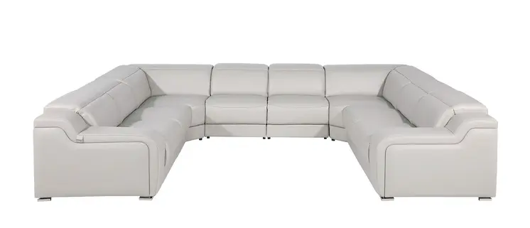 Light Gray Italian Leather Power Reclining U Shaped Eight Piece Corner Sectional With Console