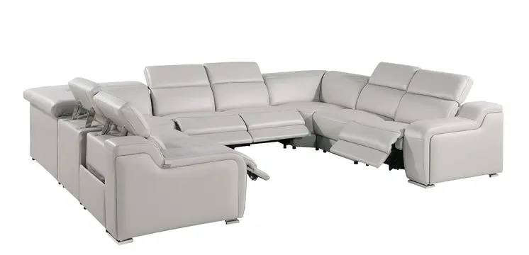 Light Gray Italian Leather Power Reclining U Shaped Eight Piece Corner Sectional With Console